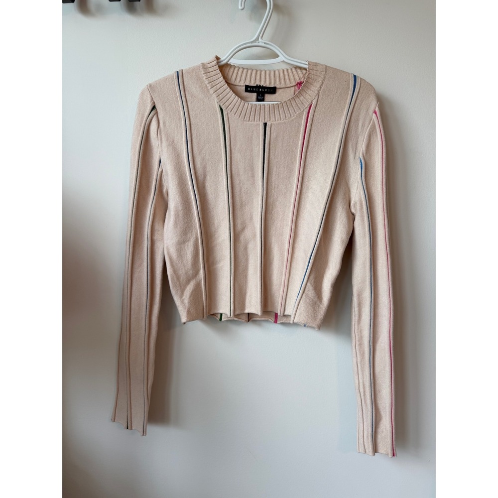 Blue Blush Womens Cropped Knit Sweater Beige Multi Color Vertical Stripe Large